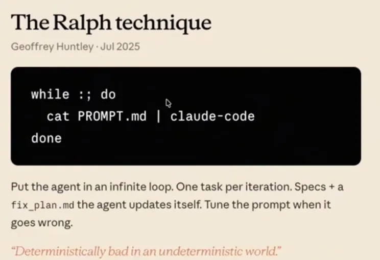 The Ralph technique — while :; do cat PROMPT.md | claude-code; done