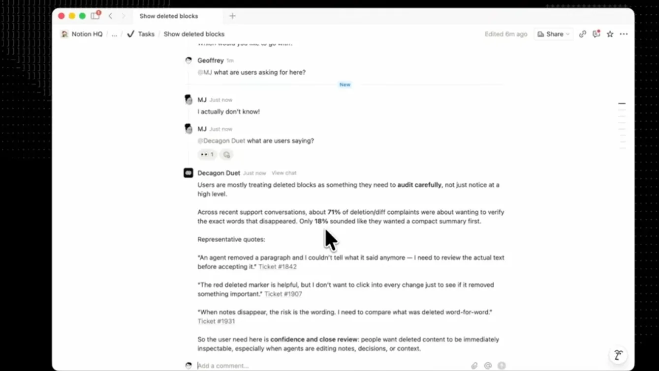 Decagon Duet agent summarizing user research on deleted blocks