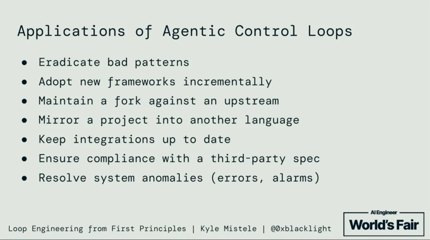 Applications of Agentic Control Loops — eradicate bad patterns, adopt frameworks incrementally, maintain a fork, mirror to another language, keep integrations up to date, ensure compliance, resolve system anomalies