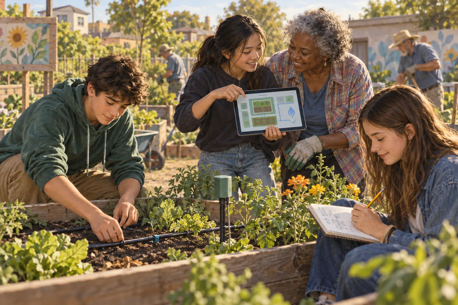 Students and a community volunteer testing a garden project with a tablet and irrigation equipment.