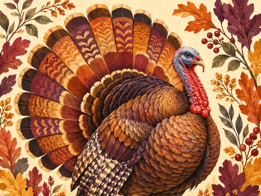 An AI-generated harvest turkey invitation with dense, hyper-detailed feathers