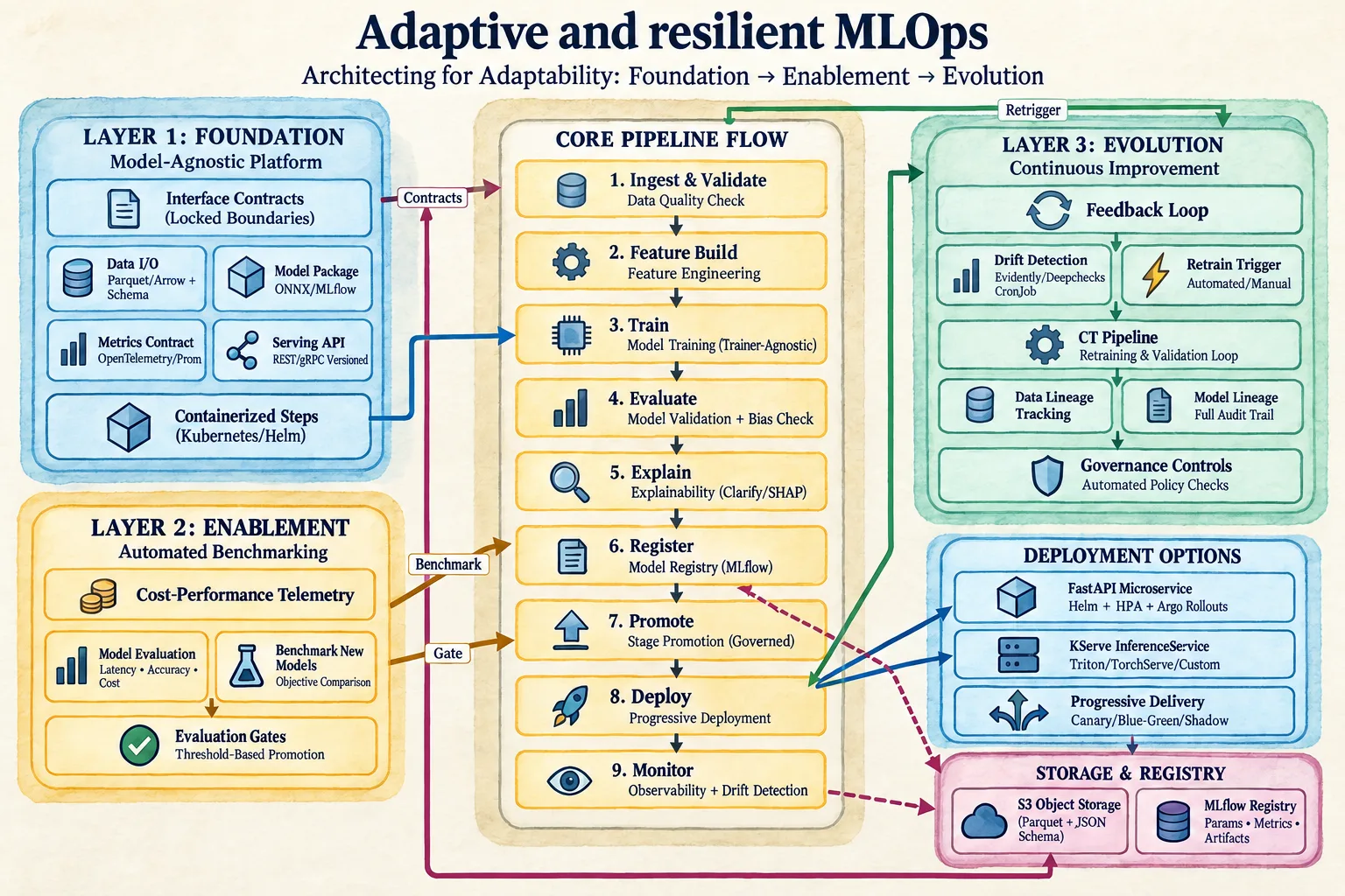 Adaptive and resilient MLOps architecture across foundation, enablement and evolution layers